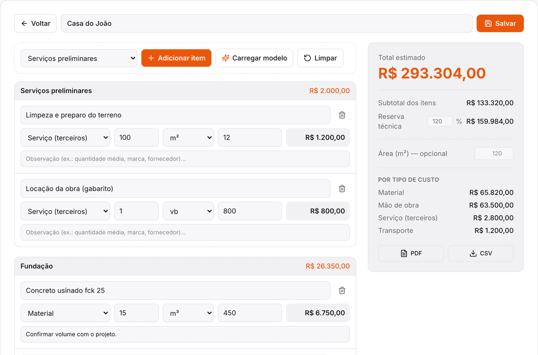 Calculadora de orçamento de obra: itens por etapa (material, mão de obra, serviços), com subtotais e total estimado