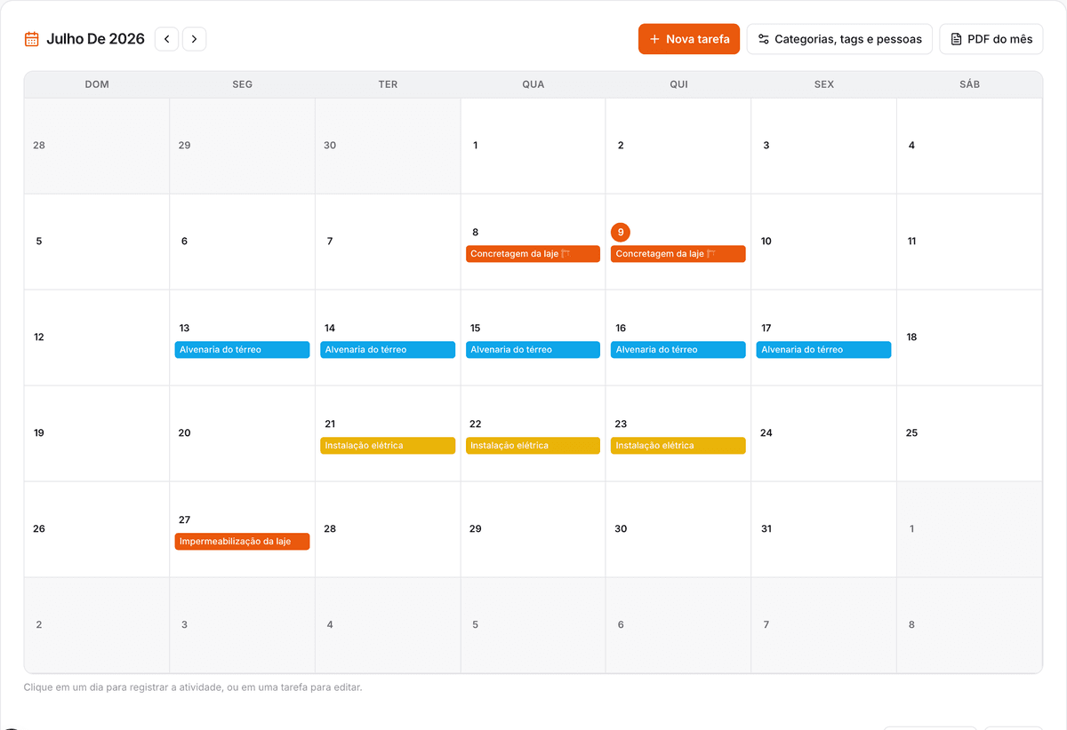 Cronograma de obra em calendário mensal, com tarefas coloridas por categoria distribuídas nos dias
