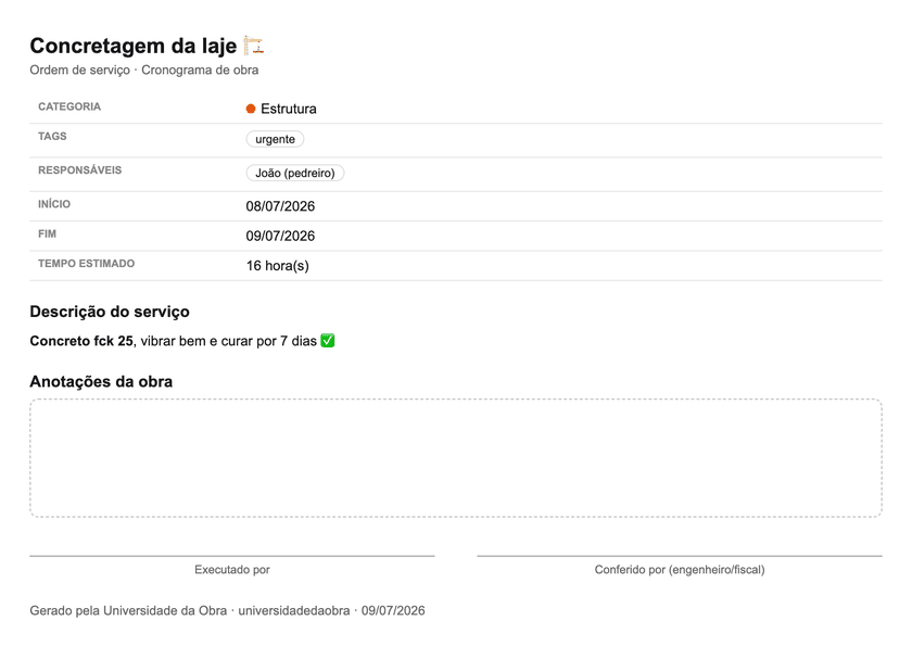 Ordem de serviço em PDF gerada pelo cronograma de obra, com categoria, responsáveis, datas, descrição e assinaturas
